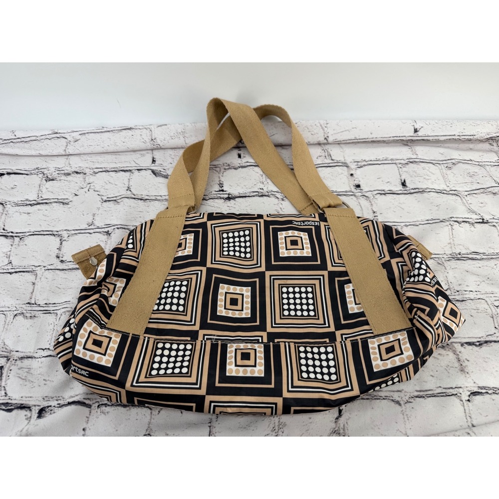 LeSportsac Geometric Square Print Nylon Shoulder Bag Tan Black Cream Satchel